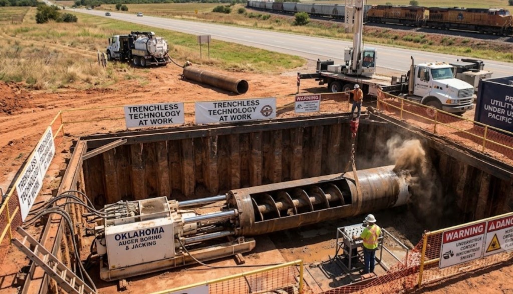 Horizontal auger boring machine installing steel casing in sheet pile shored pit beneath Oklahoma highway
