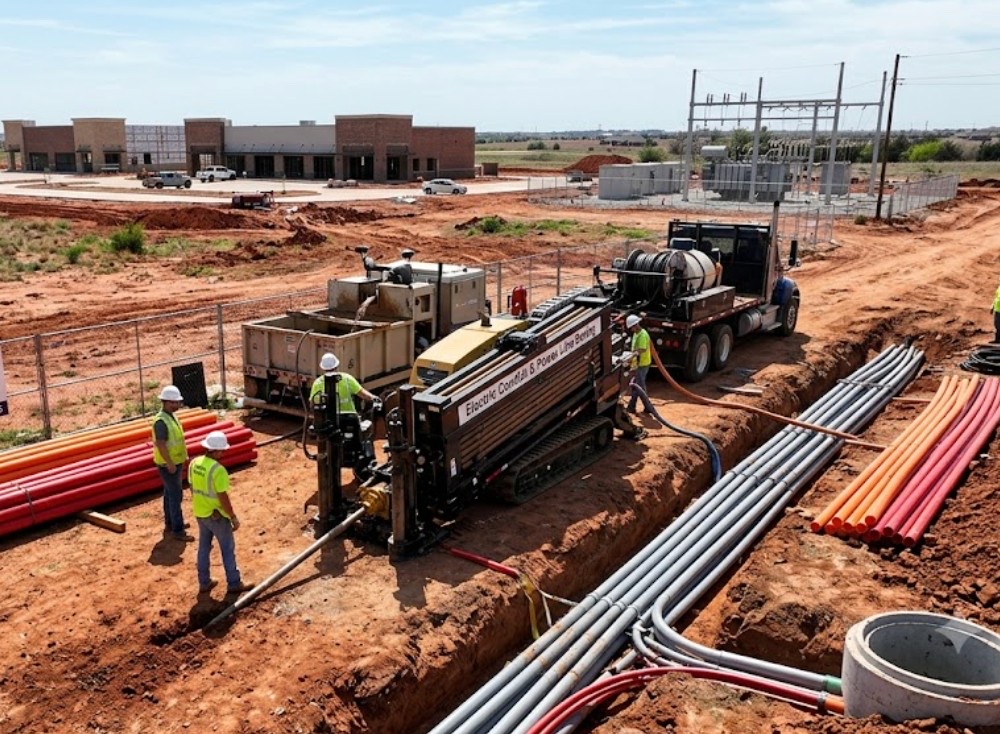 Horizontal directional drilling installing high voltage electric conduit underground at Oklahoma power line project