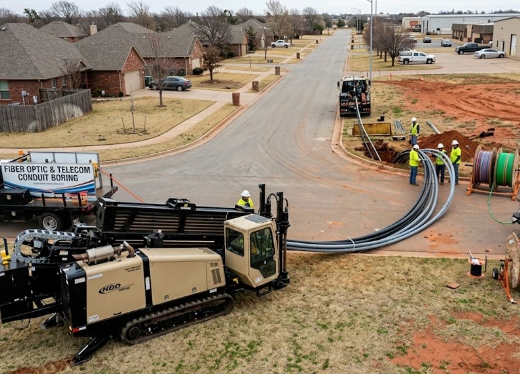 Horizontal directional drilling crew installing underground fiber optic conduit along Oklahoma commercial corridor