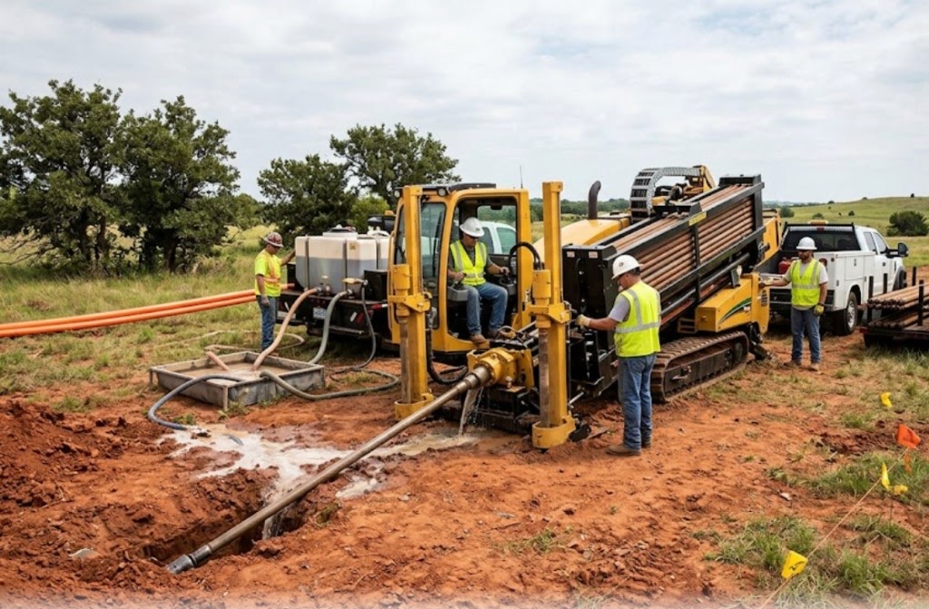 Ditch Witch horizontal directional drill rig and mud pump truck on active HDD utility construction site in Oklahoma