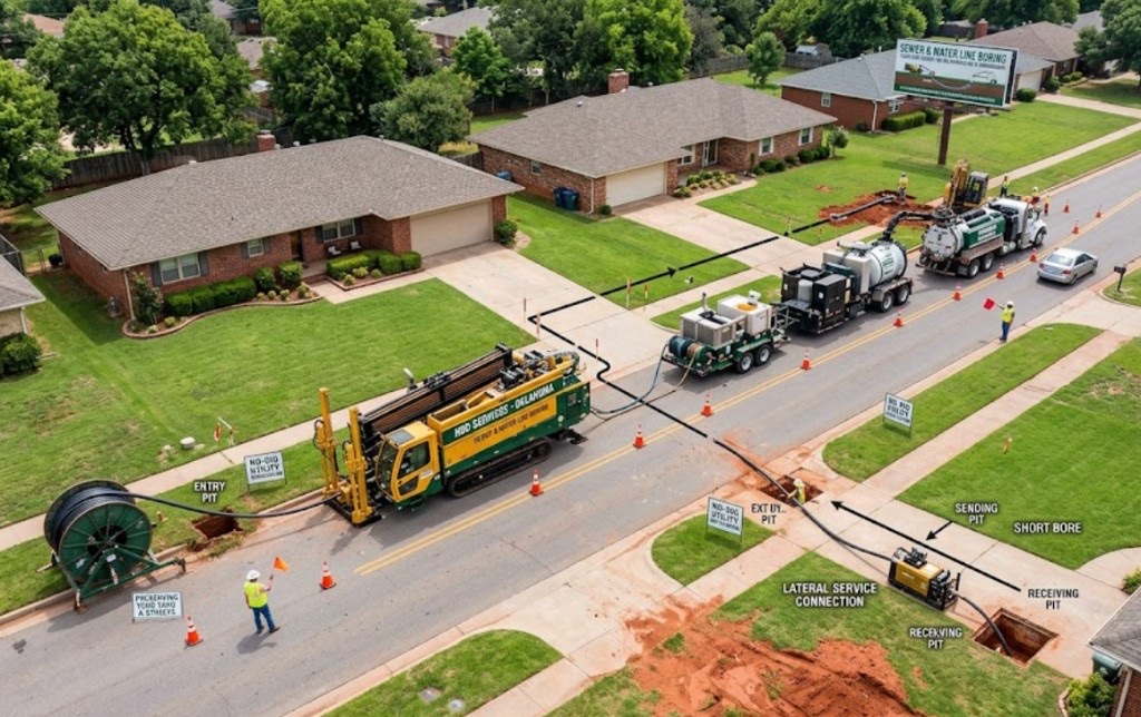 directional drilling crew installing orange HDPE conduit along a Oklahoma roadside with support trucks