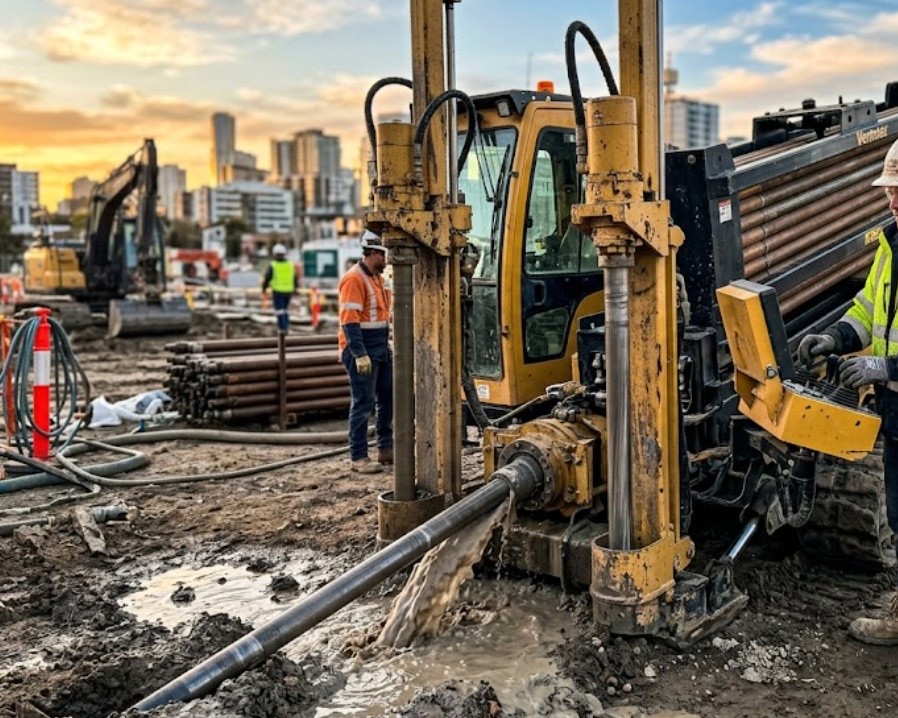 Directional boring process in Oklahoma — close-up of directional boring machine inserting drill pipe into entry pit with drilling fluid