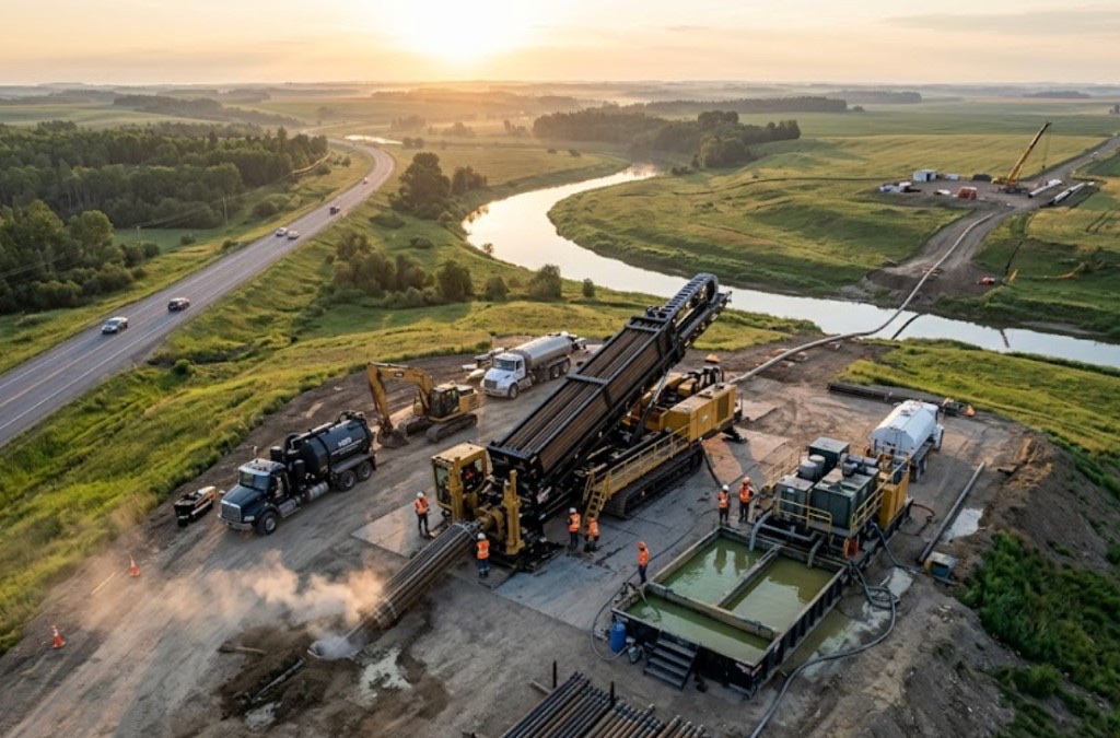 directional drilling rig with mud mixing system and crew on active Oklahoma bore site