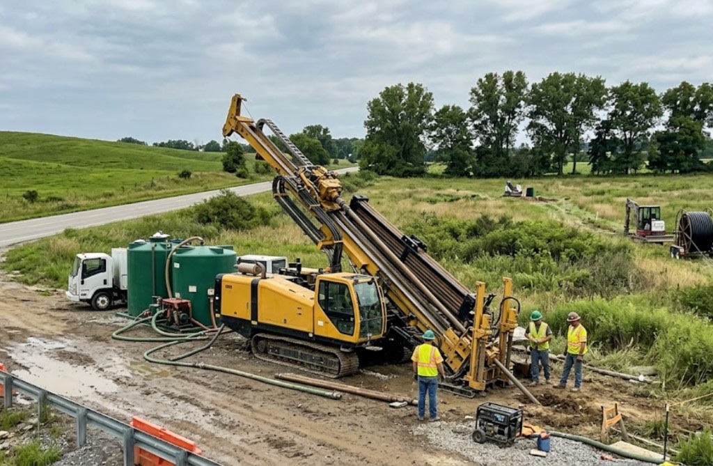 orange directional drilling rig with conduit spool and crew on rural Oklahoma bore site