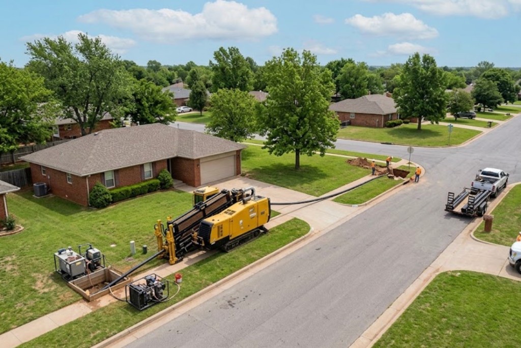 Directional drilling in Oklahoma — Vermeer directional drill rig installing utilities in a Oklahoma residential neighborhood with minimal surface disruption