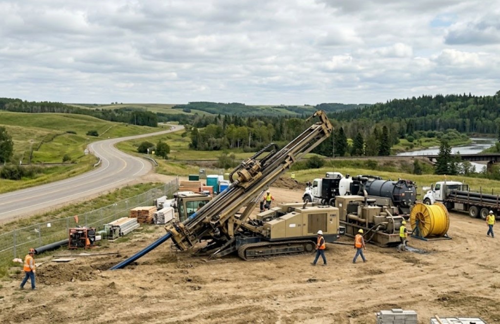 Directional drilling and directional boring in Oklahoma — yellow HDD rig and crew performing directional drilling on a rural Oklahoma utility job site