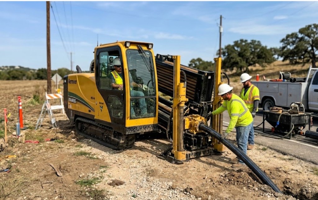 Vermeer directional drill rig and crew installing utilities near a Oklahoma highway corridor