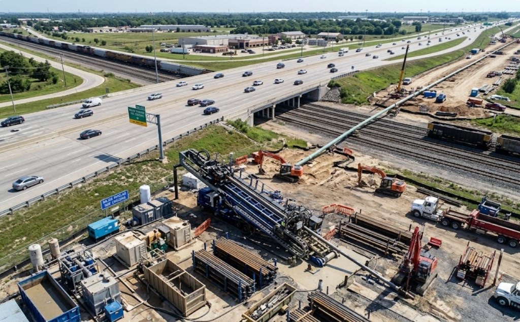 Oklahoma long span HDD crossing specialists boring under highway bridge and railroad with aerial view of rig and crew