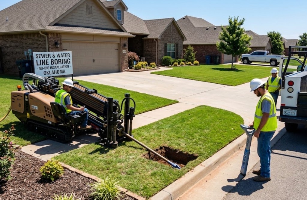 HDD rig performing trenchless sewer and water line installation in urban Oklahoma neighborhood