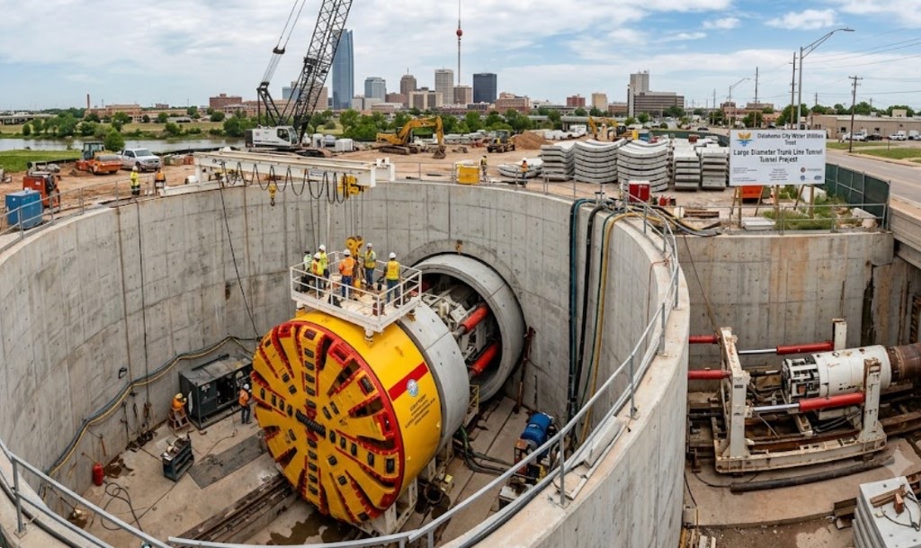 Tunnel boring machine cutting head excavating large diameter utility tunnel with professional crew